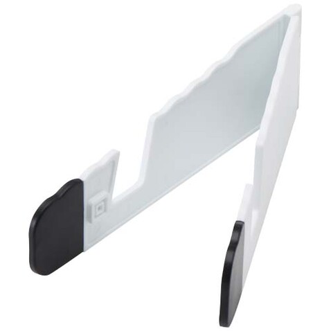Buna faltbare Tablet- und Smartphonehalterung aus recyceltem Kunststoff, weiss bedrucken, Art.-Nr. 10460701