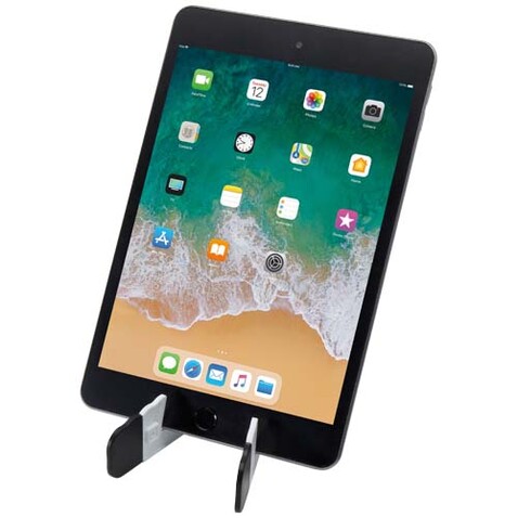 Buna faltbare Tablet- und Smartphonehalterung aus recyceltem Kunststoff, weiss bedrucken, Art.-Nr. 10460701