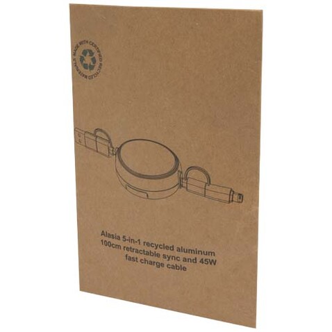 Alasia 100 cm 5-in-1 Kabel aus recyceltem Kunststoff und Aluminium, einziehbar, für Datenübertragung und mit 45W Schnellladung, rot bedrucken, Art.-Nr. 12442021 Alasia 100 cm 5-in-1 Kabel aus recyceltem Kunststoff und Aluminium, einziehbar, für Datenübertragung und mit 45W Schnellladung, rot bedrucken, Art.-Nr. 12442021