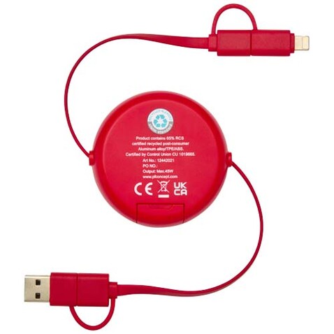 Alasia 100 cm 5-in-1 Kabel aus recyceltem Kunststoff und Aluminium, einziehbar, für Datenübertragung und mit 45W Schnellladung, rot bedrucken, Art.-Nr. 12442021 Alasia 100 cm 5-in-1 Kabel aus recyceltem Kunststoff und Aluminium, einziehbar, für Datenübertragung und mit 45W Schnellladung, rot bedrucken, Art.-Nr. 12442021