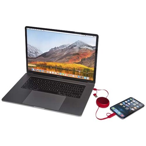 Alasia 100 cm 5-in-1 Kabel aus recyceltem Kunststoff und Aluminium, einziehbar, für Datenübertragung und mit 45W Schnellladung, rot bedrucken, Art.-Nr. 12442021 Alasia 100 cm 5-in-1 Kabel aus recyceltem Kunststoff und Aluminium, einziehbar, für Datenübertragung und mit 45W Schnellladung, rot bedrucken, Art.-Nr. 12442021