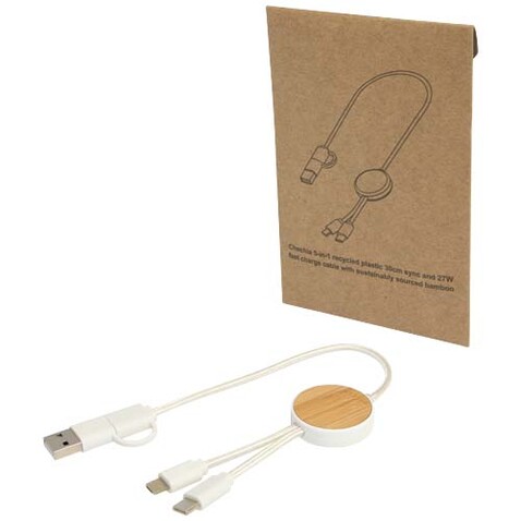 Chechia 30 cm 5-in-1 Kabel aus recyceltem Kunststoff für Datenübertragung und 27W Schnellladung mit Bambusdetails, weiss bedrucken, Art.-Nr. 12442101 Chechia 30 cm 5-in-1 Kabel aus recyceltem Kunststoff für Datenübertragung und 27W Schnellladung mit Bambusdetails, weiss bedrucken, Art.-Nr. 12442101