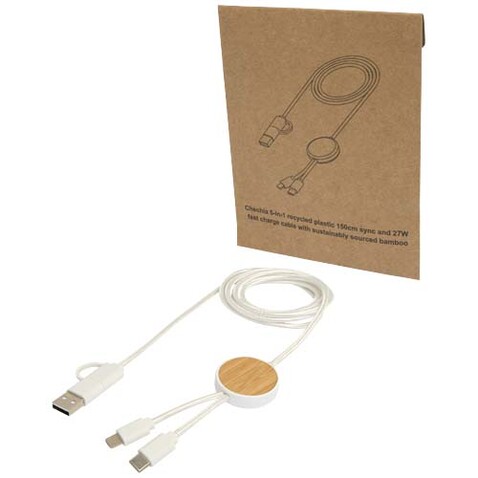 Chechia 150 cm 5-in-1 Kabel aus recyceltem Kunststoff für Datenübertragung und 27W Schnellladung mit Bambusdetails, weiss bedrucken, Art.-Nr. 12442201 Chechia 150 cm 5-in-1 Kabel aus recyceltem Kunststoff für Datenübertragung und 27W Schnellladung mit Bambusdetails, weiss bedrucken, Art.-Nr. 12442201
