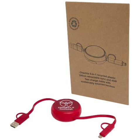 Alasia 100 cm 5-in-1 Kabel aus recyceltem Kunststoff und Aluminium, einziehbar, für Datenübertragung und mit 45W Schnellladung, rot bedrucken, Art.-Nr. 12442021 Alasia 100 cm 5-in-1 Kabel aus recyceltem Kunststoff und Aluminium, einziehbar, für Datenübertragung und mit 45W Schnellladung, rot bedrucken, Art.-Nr. 12442021