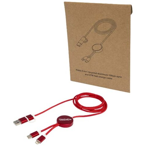 Alasia 150 cm 5-in-1 Kabel aus recyceltem Kunststoff für Datenübertragung und 27W Schnellladung, rot bedrucken, Art.-Nr. 12442521