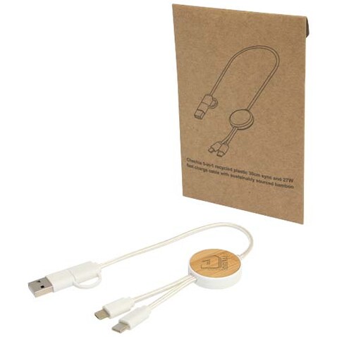 Chechia 30 cm 5-in-1 Kabel aus recyceltem Kunststoff für Datenübertragung und 27W Schnellladung mit Bambusdetails, weiss bedrucken, Art.-Nr. 12442101 Chechia 30 cm 5-in-1 Kabel aus recyceltem Kunststoff für Datenübertragung und 27W Schnellladung mit Bambusdetails, weiss bedrucken, Art.-Nr. 12442101