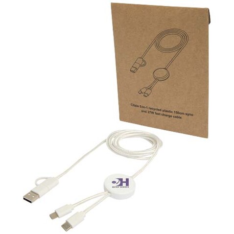 Citala 150 cm 5-in-1 Kabel aus recyceltem Kunststoff für Datenübertragung und 27W Schnellladung, weiss bedrucken, Art.-Nr. 12442801 Citala 150 cm 5-in-1 Kabel aus recyceltem Kunststoff für Datenübertragung und 27W Schnellladung, weiss bedrucken, Art.-Nr. 12442801