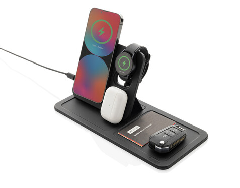 Swiss Peak 3-in-1- Wireless-Charging Desk-Tray aus RCS rPU schwarz bedrucken, Art.-Nr. P309.0401 Swiss Peak 3-in-1- Wireless-Charging Desk-Tray aus RCS rPU schwarz bedrucken, Art.-Nr. P309.0401