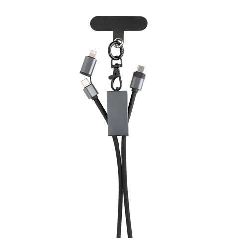 Terra 60Wduales Ladekabel aus RCS recyceltem PET mit Lanyard grau, schwarz bedrucken, Art.-Nr. P302.5402