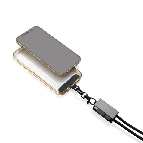 Terra 60Wduales Ladekabel aus RCS recyceltem PET mit Lanyard grau, schwarz bedrucken, Art.-Nr. P302.5402