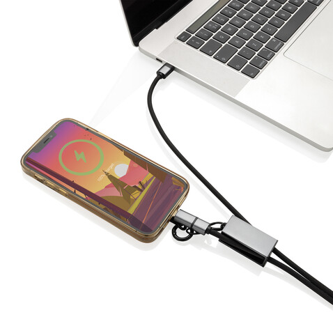 Terra 60Wduales Ladekabel aus RCS recyceltem PET mit Lanyard grau, schwarz bedrucken, Art.-Nr. P302.5402