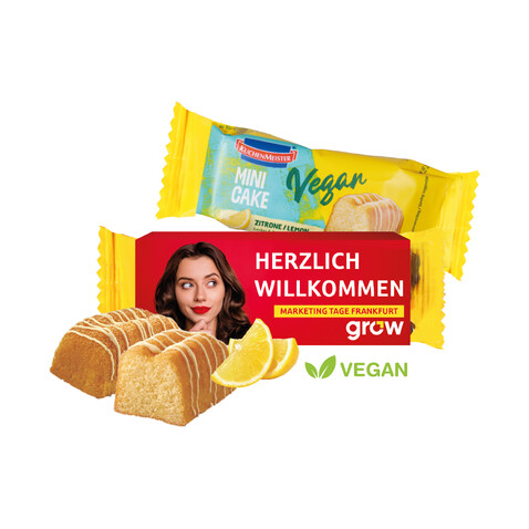 MINI KUCHEN VEGAN MIT WERBEBANDEROLE bedrucken, Art.-Nr. 91648 MINI KUCHEN VEGAN MIT WERBEBANDEROLE bedrucken, Art.-Nr. 91648