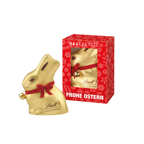 LINDT GOLDHASE IN WERBEKARTONAGE, 50 g bedrucken, Art.-Nr. 94538 LINDT GOLDHASE IN WERBEKARTONAGE, 50 g bedrucken, Art.-Nr. 94538