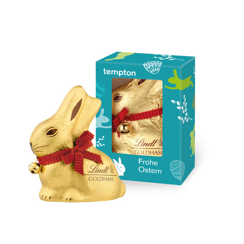 LINDT GOLDHASE IN WERBEKARTONAGE, 100 g bedrucken, Art.-Nr. 94539 LINDT GOLDHASE IN WERBEKARTONAGE, 100 g bedrucken, Art.-Nr. 94539