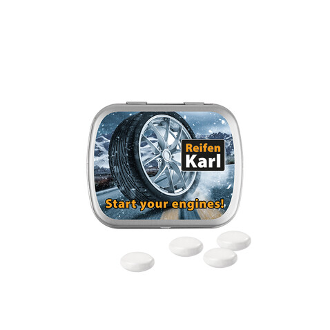Klappdose, matt-silber, Mentos Kaudragee Mint bedrucken, Art.-Nr. 1015.00023 Klappdose, matt-silber, Mentos Kaudragee Mint bedrucken, Art.-Nr. 1015.00023