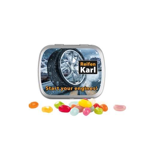 Klappdose, matt-silber, American Style Jelly Beans bedrucken, Art.-Nr. 1015.00064 Klappdose, matt-silber, American Style Jelly Beans bedrucken, Art.-Nr. 1015.00064