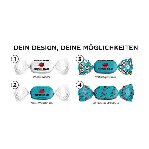 Karamell Bonbon im weißen, kompostierbaren Wickler bedrucken, Art.-Nr. 1207.00008 Karamell Bonbon im weißen, kompostierbaren Wickler bedrucken, Art.-Nr. 1207.00008