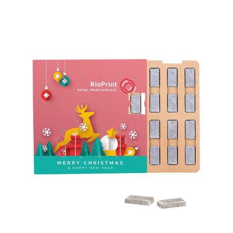 Täfelchen Adventskalender ECO, Papier Inlay, mit Alpenmilch Schokotäfelchen bedrucken, Art.-Nr. 1265.00002 Täfelchen Adventskalender ECO, Papier Inlay, mit Alpenmilch Schokotäfelchen bedrucken, Art.-Nr. 1265.00002