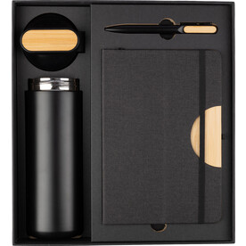 Geschenkset | Trinkflasche, Notizbuch und Kugelschreiber – Schwarz bedrucken, Art.-Nr. 001999999_1103694