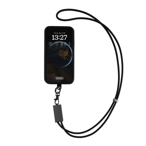 Terra 60Wduales Ladekabel aus RCS recyceltem PET mit Lanyard grau, schwarz bedrucken, Art.-Nr. P302.5402