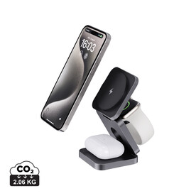 Terra faltbares 3-in-1 15W Charger aus RCS rec. Aluminium grau bedrucken, Art.-Nr. P308.6402