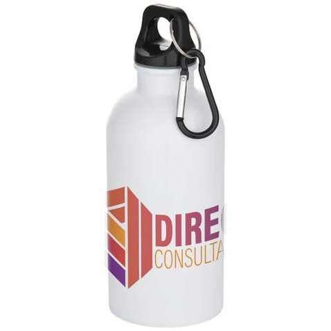 Oregon 400 ml RSC-zertifizierte einwandige Sublimation Trinkflasche aus recyceltem Edelstahl mit Karabinerhaken, weiss bedrucken, Art.-Nr. 10087301 Oregon 400 ml RSC-zertifizierte einwandige Sublimation Trinkflasche aus recyceltem Edelstahl mit Karabinerhaken, weiss bedrucken, Art.-Nr. 10087301