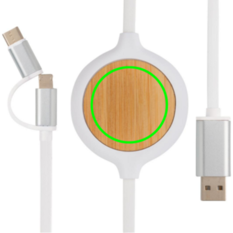 3-in-1 Kabel mit 5W Bambus Wireless Charger weiß bedrucken, Art.-Nr. P302.253