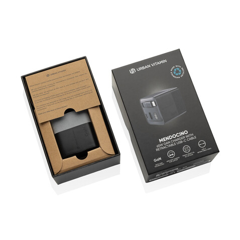 Urban Vitamin Mendocino 65W GaN-Charger mit einziehb. Kabel schwarz bedrucken, Art.-Nr. P301.2701 Urban Vitamin Mendocino 65W GaN-Charger mit einziehb. Kabel schwarz bedrucken, Art.-Nr. P301.2701