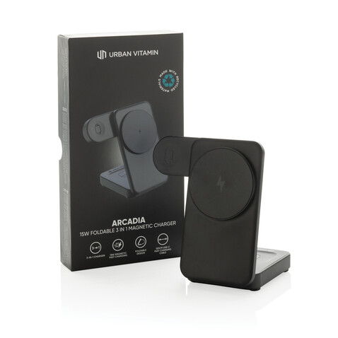 Urban Vitamin Arcadia 15W 3in1 Magnet-Charger aus RCS rABS schwarz bedrucken, Art.-Nr. P309.5101 Urban Vitamin Arcadia 15W 3in1 Magnet-Charger aus RCS rABS schwarz bedrucken, Art.-Nr. P309.5101
