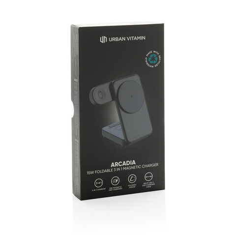 Urban Vitamin Arcadia 15W 3in1 Magnet-Charger aus RCS rABS schwarz bedrucken, Art.-Nr. P309.5101 Urban Vitamin Arcadia 15W 3in1 Magnet-Charger aus RCS rABS schwarz bedrucken, Art.-Nr. P309.5101