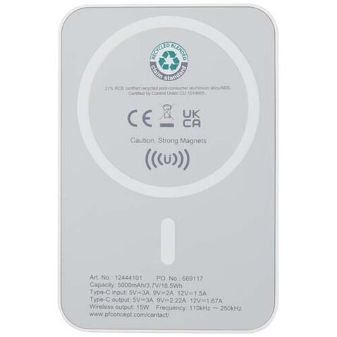 Acrab 15 W 5.000 mAh magnetische kabellose Powerbank mit 20 W PD aus recyceltem Kunststoff, weiss bedrucken, Art.-Nr. 12444101 Acrab 15 W 5.000 mAh magnetische kabellose Powerbank mit 20 W PD aus recyceltem Kunststoff, weiss bedrucken, Art.-Nr. 12444101