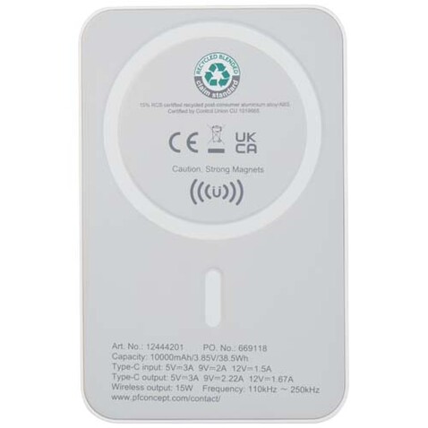 Acrab 15 W 10.000 mAh magnetische kabellose Powerbank mit 20 W PD aus recyceltem Kunststoff, weiss bedrucken, Art.-Nr. 12444201 Acrab 15 W 10.000 mAh magnetische kabellose Powerbank mit 20 W PD aus recyceltem Kunststoff, weiss bedrucken, Art.-Nr. 12444201