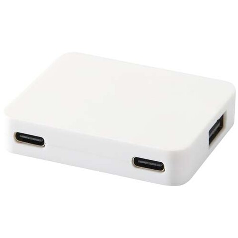 Gaia 4 Port USB Hub mit USB-A- und Typ-C-Ausgang und zwei Eingängen aus recyceltem Kunststoff, weiss bedrucken, Art.-Nr. 12444901