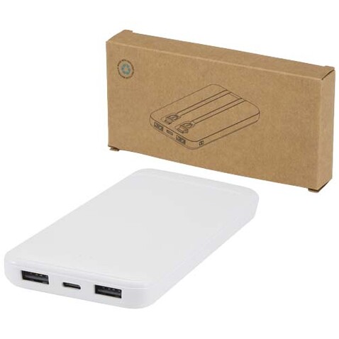 Adhil 10 W 10.000 mAh Powerbank aus recyceltem Kunststoff mit 2 integrierten Kabeln, weiss bedrucken, Art.-Nr. 12445901 Adhil 10 W 10.000 mAh Powerbank aus recyceltem Kunststoff mit 2 integrierten Kabeln, weiss bedrucken, Art.-Nr. 12445901