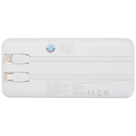 Adhil 10 W 10.000 mAh Powerbank aus recyceltem Kunststoff mit 2 integrierten Kabeln, weiss bedrucken, Art.-Nr. 12445901 Adhil 10 W 10.000 mAh Powerbank aus recyceltem Kunststoff mit 2 integrierten Kabeln, weiss bedrucken, Art.-Nr. 12445901