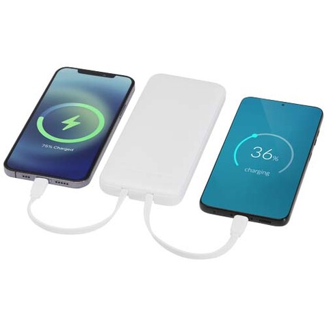 Adhil 10 W 10.000 mAh Powerbank aus recyceltem Kunststoff mit 2 integrierten Kabeln, weiss bedrucken, Art.-Nr. 12445901 Adhil 10 W 10.000 mAh Powerbank aus recyceltem Kunststoff mit 2 integrierten Kabeln, weiss bedrucken, Art.-Nr. 12445901
