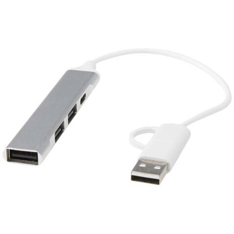 Alkaid 4 Port Hub aus recyceltem Aluminium mit USB-A- und Typ-C-Anschlüssen und zwei Eingängen, silber bedrucken, Art.-Nr. 12446981
