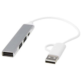 Alkaid 4 Port Hub aus recyceltem Aluminium mit USB-A- und Typ-C-Anschlüssen und zwei Eingängen, silber bedrucken, Art.-Nr. 12446981
