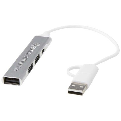 Alkaid 4 Port Hub aus recyceltem Aluminium mit USB-A- und Typ-C-Anschlüssen und zwei Eingängen, silber bedrucken, Art.-Nr. 12446981