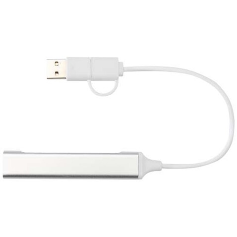 Alkaid 4 Port Hub aus recyceltem Aluminium mit USB-A- und Typ-C-Anschlüssen und zwei Eingängen, silber bedrucken, Art.-Nr. 12446981