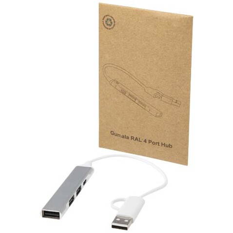 Alkaid 4 Port Hub aus recyceltem Aluminium mit USB-A- und Typ-C-Anschlüssen und zwei Eingängen, silber bedrucken, Art.-Nr. 12446981