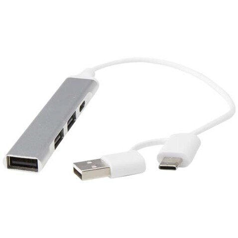 Alkaid 4 Port Hub aus recyceltem Aluminium mit USB-A- und Typ-C-Anschlüssen und zwei Eingängen, silber bedrucken, Art.-Nr. 12446981