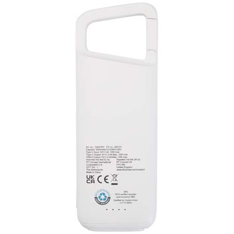 Alkes 12 W 5.000 mAh wasserfeste Powerbank aus recyceltem Kunststoff mit Karabinerhaken, weiss bedrucken, Art.-Nr. 12447001 Alkes 12 W 5.000 mAh wasserfeste Powerbank aus recyceltem Kunststoff mit Karabinerhaken, weiss bedrucken, Art.-Nr. 12447001