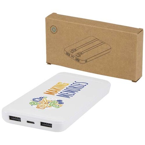 Adhil 10 W 10.000 mAh Powerbank aus recyceltem Kunststoff mit 2 integrierten Kabeln, weiss bedrucken, Art.-Nr. 12445901 Adhil 10 W 10.000 mAh Powerbank aus recyceltem Kunststoff mit 2 integrierten Kabeln, weiss bedrucken, Art.-Nr. 12445901