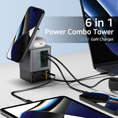 Urban Vitamin Sacramento 105W GaN Charger mit einz. Kabeln grau, schwarz bedrucken, Art.-Nr. P309.5402 Urban Vitamin Sacramento 105W GaN Charger mit einz. Kabeln grau, schwarz bedrucken, Art.-Nr. P309.5402