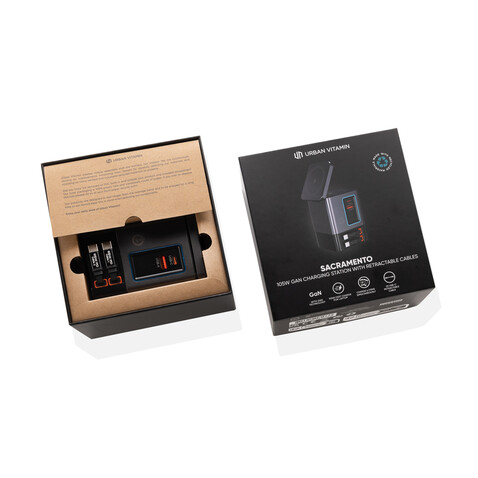 Urban Vitamin Sacramento 105W GaN Charger mit einz. Kabeln grau, schwarz bedrucken, Art.-Nr. P309.5402 Urban Vitamin Sacramento 105W GaN Charger mit einz. Kabeln grau, schwarz bedrucken, Art.-Nr. P309.5402