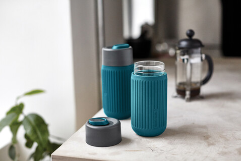 Black+Blum Glas-Reisebecher 340ml turkis bedrucken, Art.-Nr. P439.1633