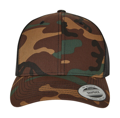 Flexfit Retro Trucker Camo, Camo/Black, One Size bedrucken, Art.-Nr. 632687580