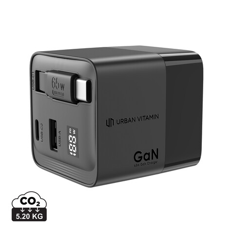 Urban Vitamin Mendocino 65W GaN-Charger mit einziehb. Kabel schwarz bedrucken, Art.-Nr. P301.2701 Urban Vitamin Mendocino 65W GaN-Charger mit einziehb. Kabel schwarz bedrucken, Art.-Nr. P301.2701