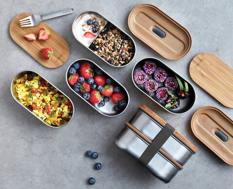 Black+Blum Stainless Steel Double Bento Box grau bedrucken, Art.-Nr. P439.2002 Black+Blum Stainless Steel Double Bento Box grau bedrucken, Art.-Nr. P439.2002